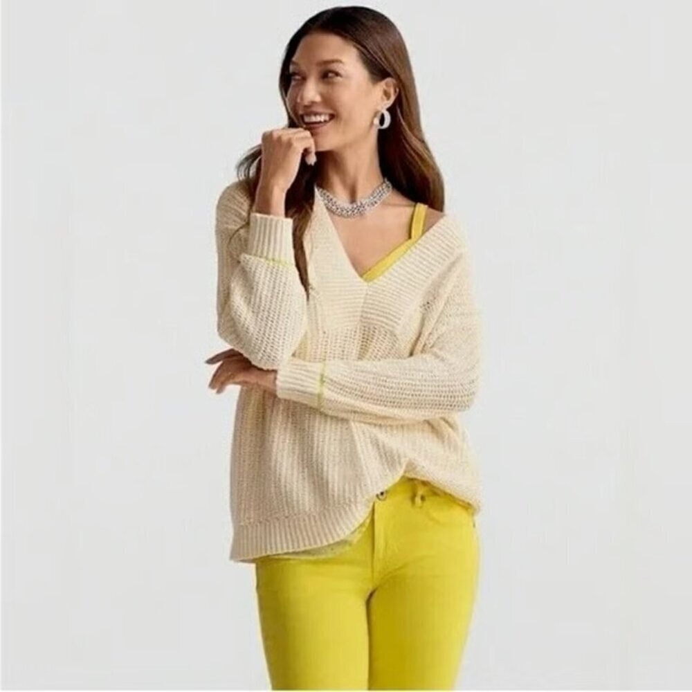 CAbi Croquet sweater boxy v-neck preppy cream ivory over-size crochet new Large
